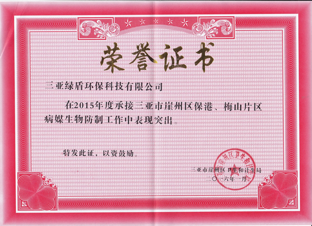 2015年政府颁发的荣誉证书