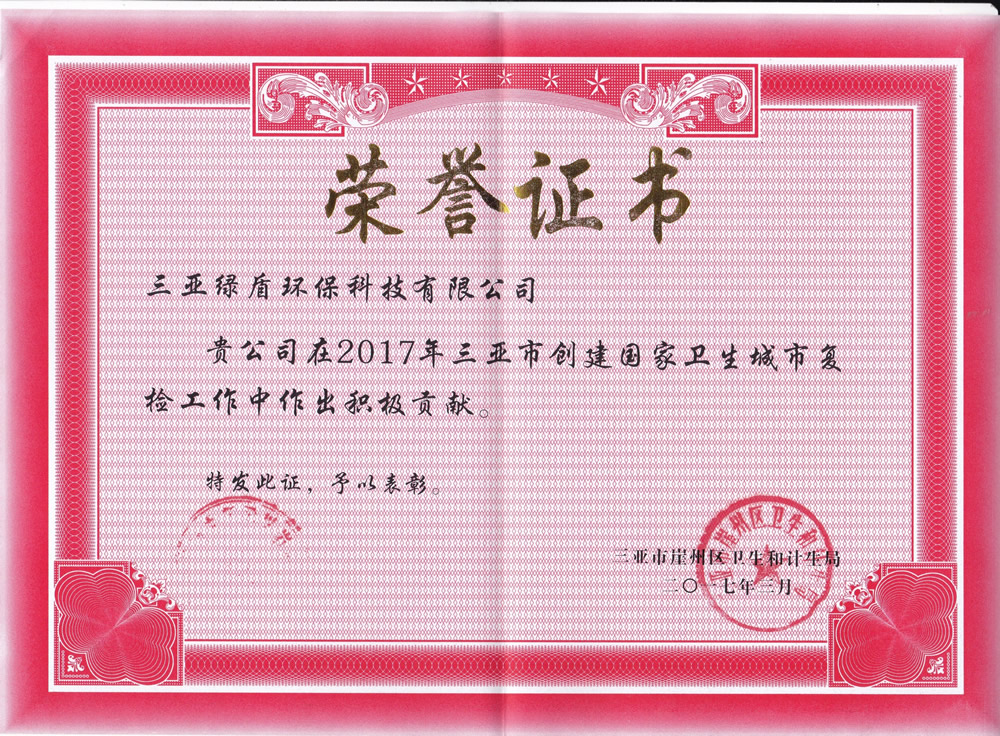 2017年政府颁发的荣誉证书